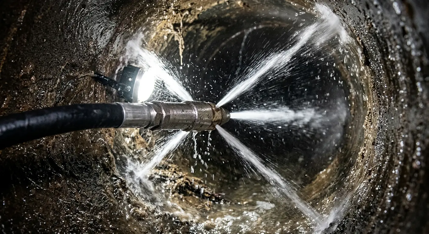 High-pressure hydro jetting nozzle cleaning sewer pipe for Sewer Cleanout in La Feria