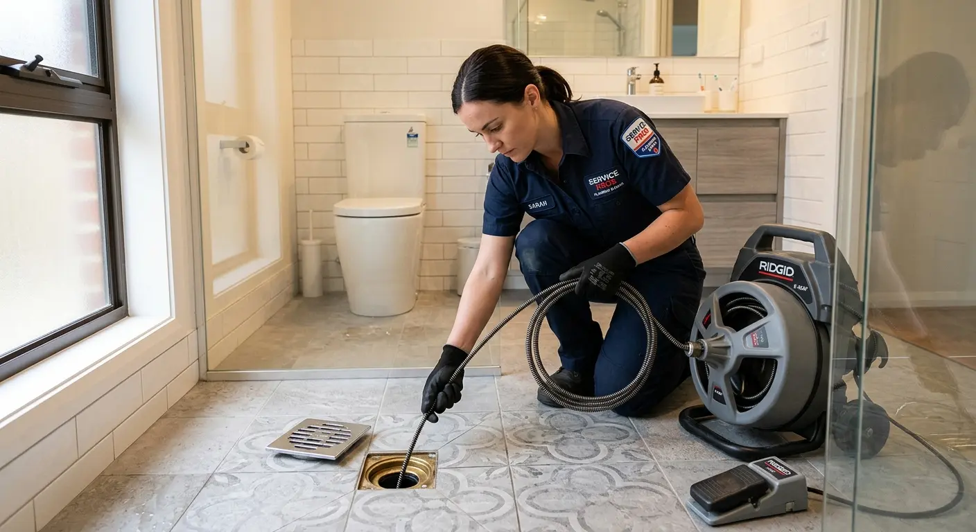 Technician clearing a bathroom floor drain for Sewer Line Installation in La Feria